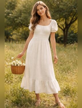 Sim & Sam Vintage Milkmaid Peasant Cottagecore Linen Blend Midi Dress Boho